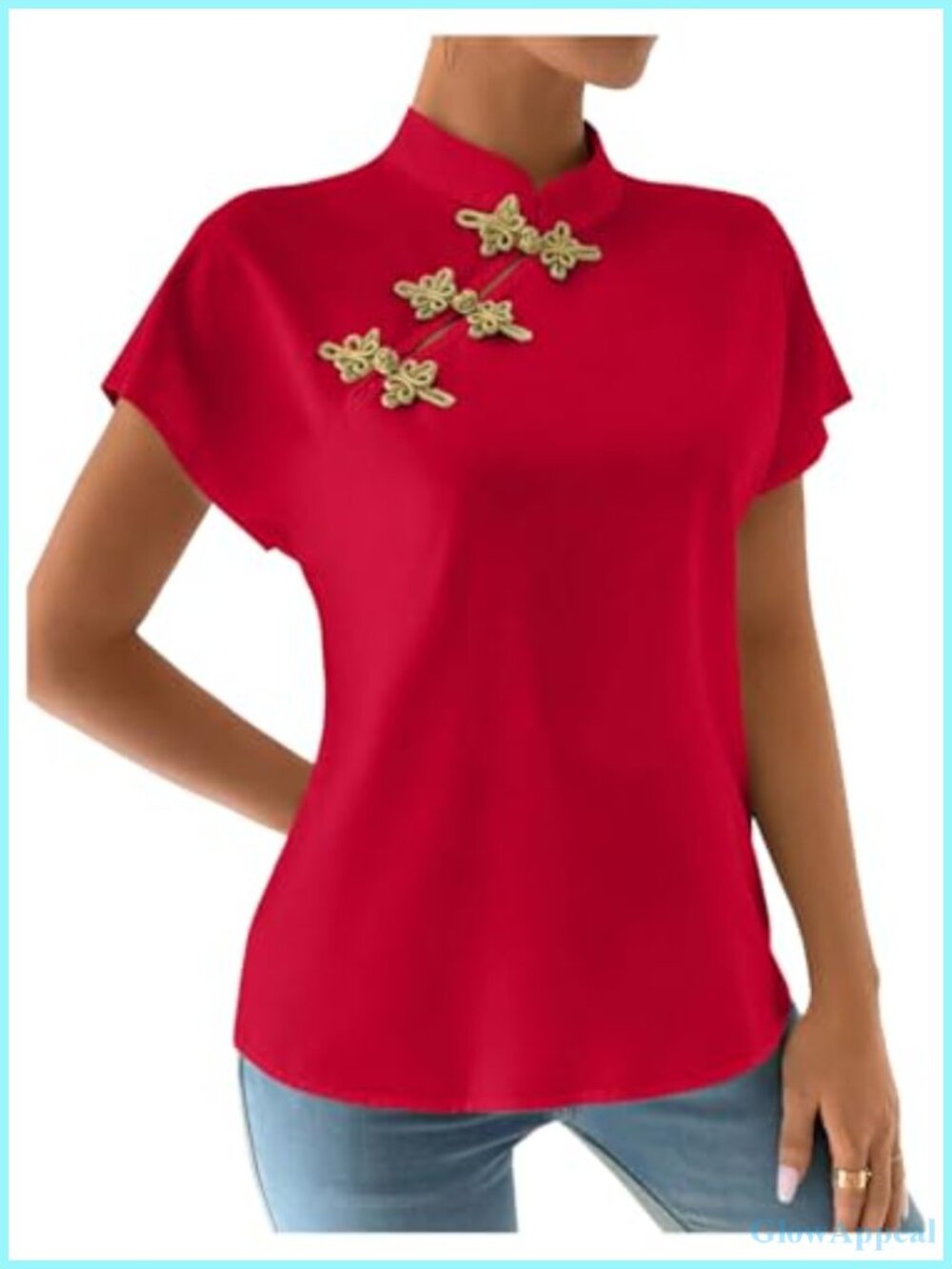 Women's Chinese Tops Mock Neck Business Casual Shirt Short Sleeve Blouse
